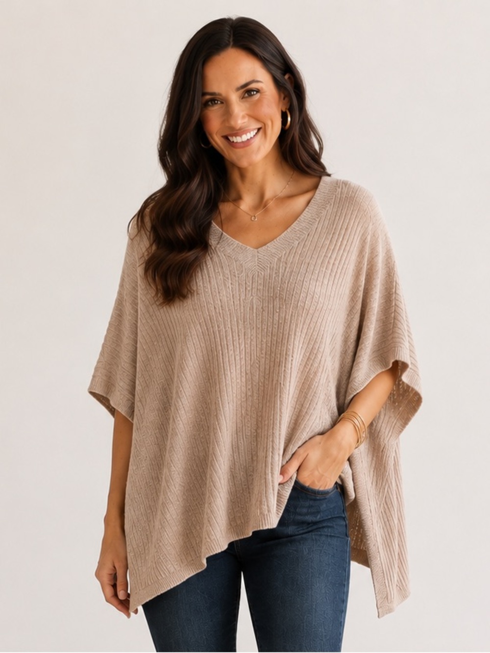 Nordstrom Halogen Easy Cashmere Poncho 100% Cashmere Ribbed V-Neck Oatmeal OS